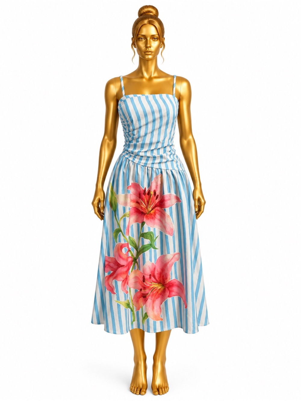 SHEIN Blue & White Striped Midi Dress with Pink Lily Print